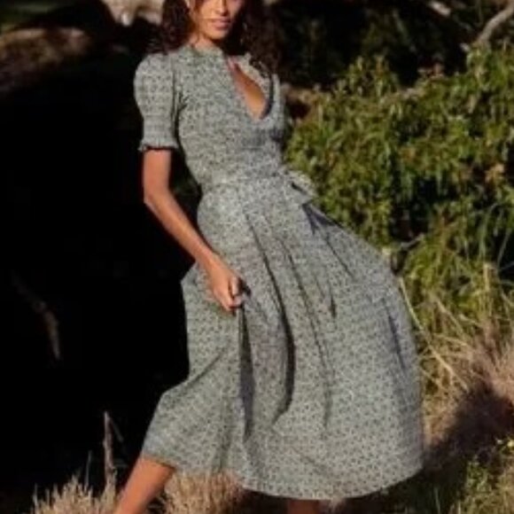Daugthers of India Prairie Dress Sage Green Block Print Boho New XS